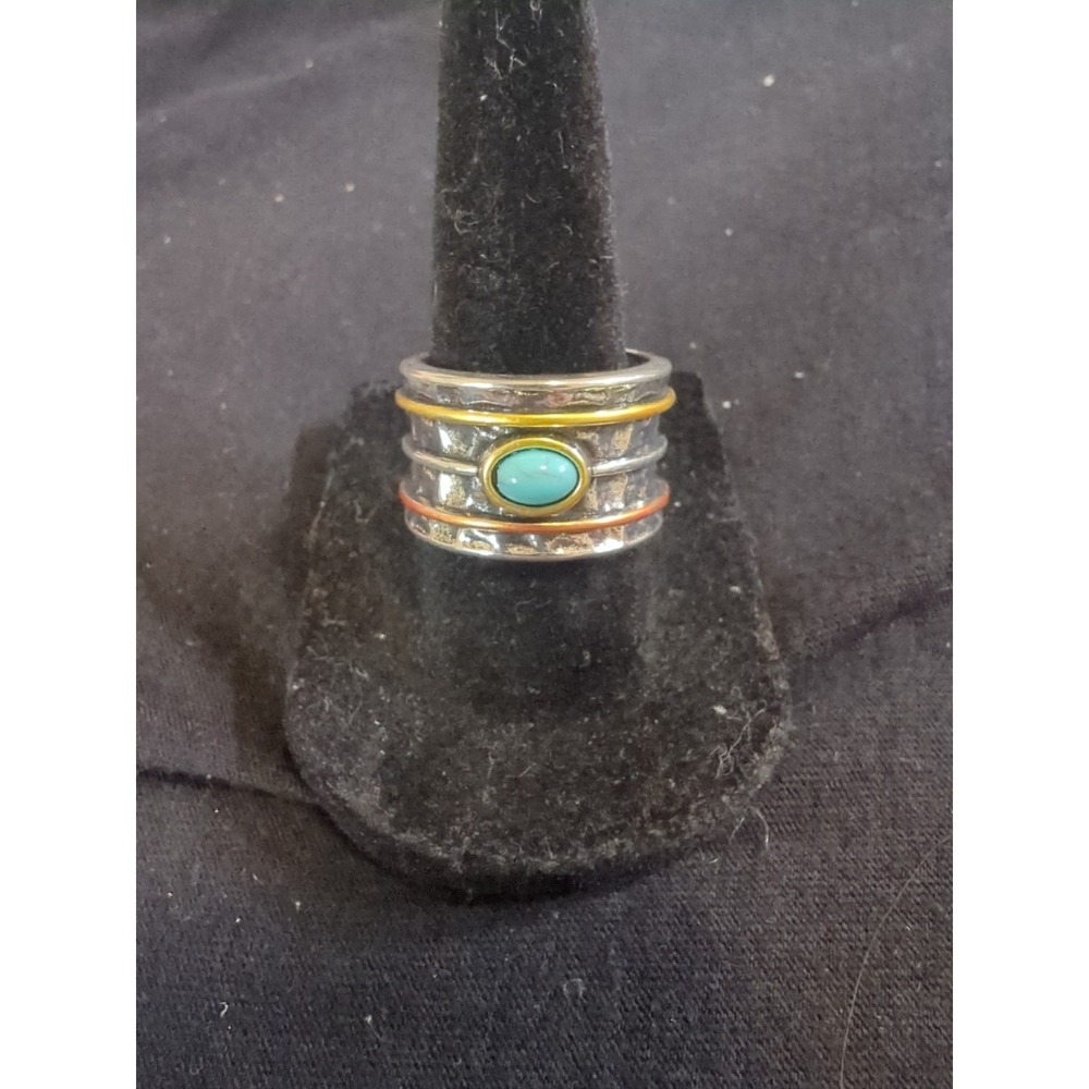 Vintage Mixed Metals‎ Chunky Ring With Turquoise Center - Size 8